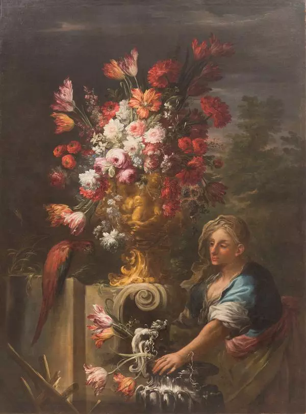 Натюрморт с цветами и женской полуфигурой