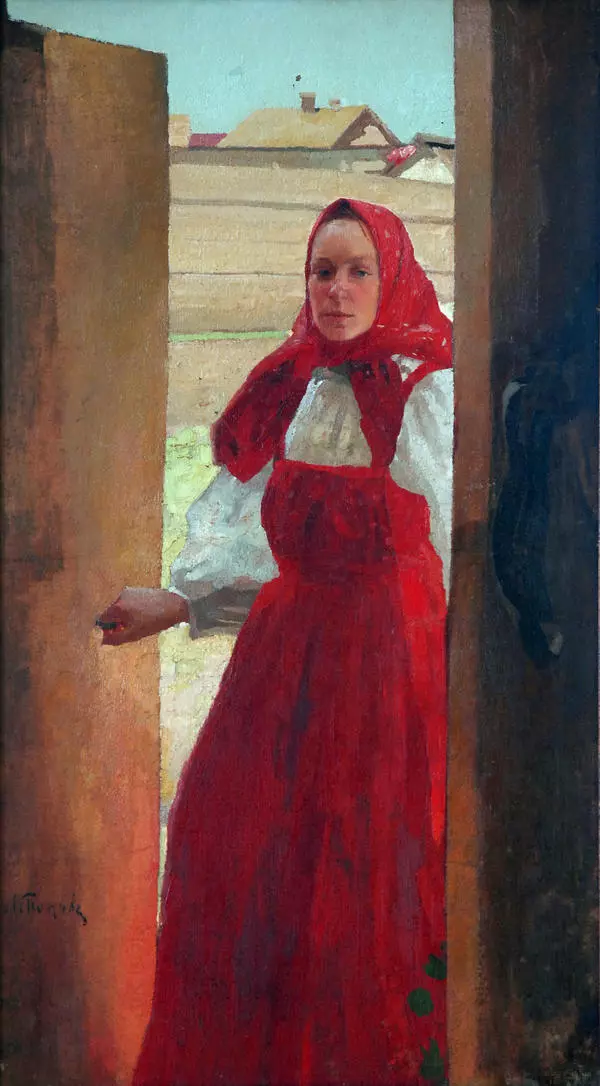 Портрет жены в красном сарафане