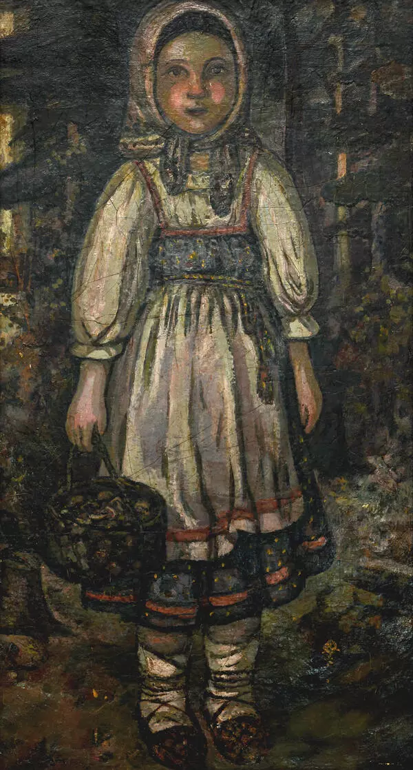 Девочка, держащая лукошко с грибами