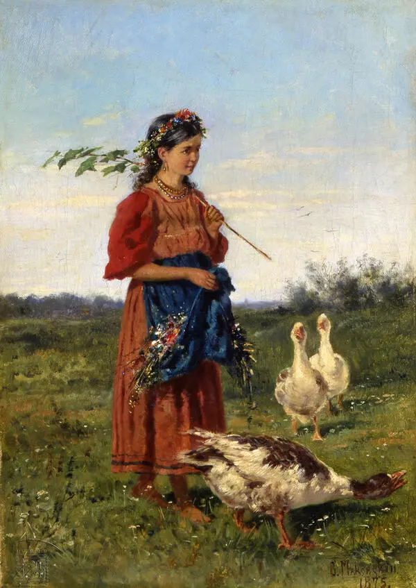 Девочка с гусями в поле