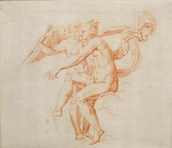Венера, сидящая на облаке, указывает Амуру на Психею