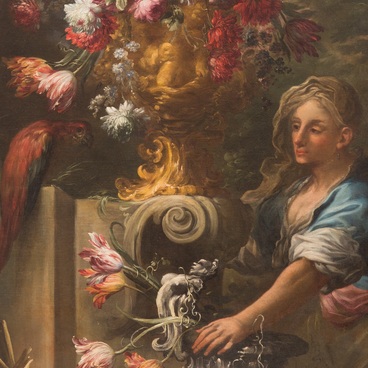 Натюрморт с цветами и женской полуфигурой