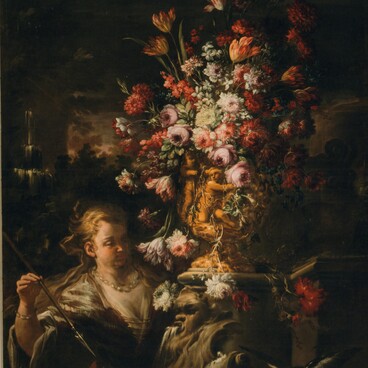 Still life with flowers and a female half-figure