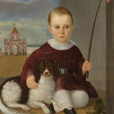 Портрет мальчика с собакой на фоне Красных ворот в Москве