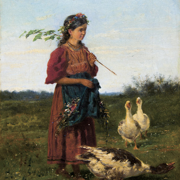 Девочка с гусями в поле